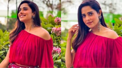 Beauty Personified: Nushrratt Bharuccha looks dreamy in off-shoulder peach pink top and floral red skirt