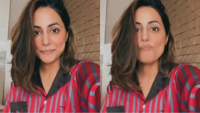 Gorgeous: Hina Khan looks stunning in red-striped pyjama suit