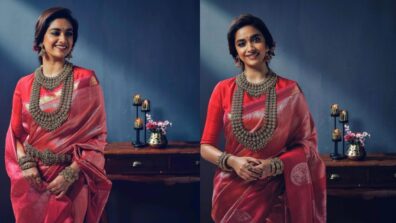 Keerthy Suresh Looks Electrifying In Red Ethnic Embellished Saree