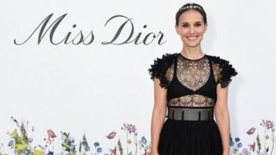 Natalie Portman Channels Black Swan in a lace Dior gown and strapless sandals for Miss Dior Millefiori Garden