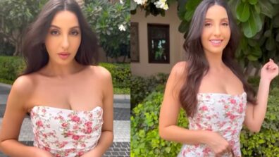 So Stunning: Nora Fatehi bombs up in off-shoulder pink floral midi dress, watch video