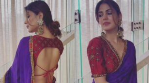 Watch: Rhea Chakraborty flaunts sensuous curves in transparent backless saree, says, “dekho magar pyaar se…”