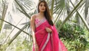 Pooja Hegde flaunting beauty in #Devnaagri fuchsia pink sheer organza saree