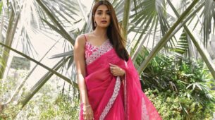 Pooja Hegde flaunting beauty in #Devnaagri fuchsia pink sheer organza saree