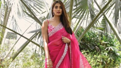 Pooja Hegde flaunting beauty in #Devnaagri fuchsia pink sheer organza saree