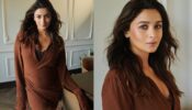 Alia Bhatt flaunting her baby bump in a brown mini dress promoting the song Deva Deva!