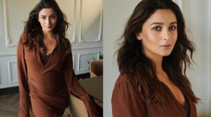 Alia Bhatt flaunting her baby bump in a brown mini dress promoting the song Deva Deva!