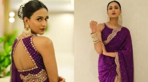 Erica Fernandes is a sight to behold in purple dotted backless saree, slays with customised jewellery look