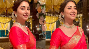 Disha Parmar drops ‘quintessential’ retro vibes in embellished peach pink saree