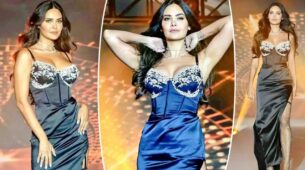 Esha Gupta ooze hot in a corset thigh-high slit gown with sultry stockings