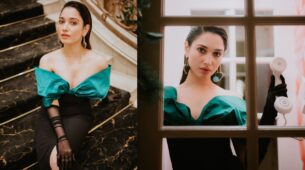 Glamour Alert: Tamannaah Bhatia Indulging In A Call, Looks Astonishing In The Emerald Green Top With Mesh Gloves