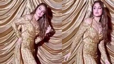 Gold n glow: Sonakshi Sinha shines in embellished long trailed gown, see video