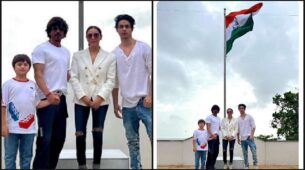 Happy Independence Day: Shah Rukh Khan poses with Indian flag with Gauri, Aryan & Abram Khan, see pic