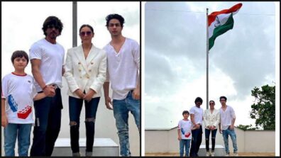 Happy Independence Day: Shah Rukh Khan poses with Indian flag with Gauri, Aryan & Abram Khan, see pic