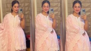 Hina Khan flaunts new baby pink lehenga in front of mirror, charms internet with singing skills