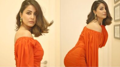 Hina Khan is a born poser, looks dazzling in strapless off-shoulder orange outfit