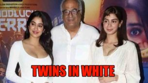 Janhvi Kapoor twins in white with Khushi Kapoor and Boney Kapoor at the screening of Good Luck Jerry
