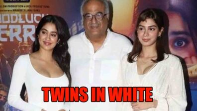 Janhvi Kapoor twins in white with Khushi Kapoor and Boney Kapoor at the screening of Good Luck Jerry