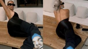 Kim Kardashian Looks Divine In Black Halter Neck Backless Bodysuit With Snoop Dogg Thigh High Boots