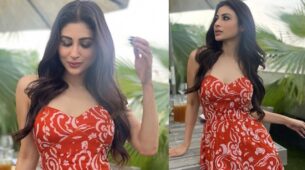 Mouni Roy Sizzles The Red Halter Neck Maxi Dress In Her Style