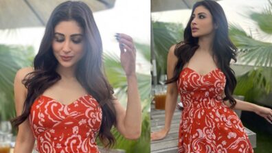 Mouni Roy Sizzles The Red Halter Neck Maxi Dress In Her Style