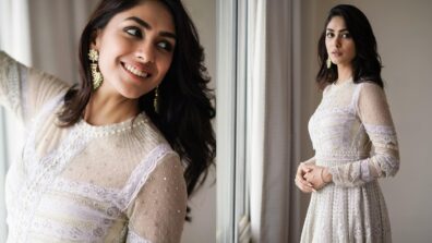 Mrunal Thakur looks divine goddess in white embellished Anarkali suit