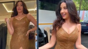 Nora Fatehi Looks Resplendent In Falguni Shane Peacock Golden Thigh-High Slit Bodycon Gown