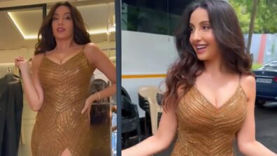 Nora Fatehi Looks Resplendent In Falguni Shane Peacock Golden Thigh-High Slit Bodycon Gown