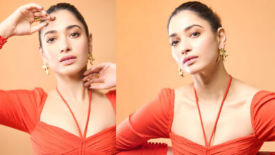 Tamannaah Bhatia keeps it cheeky in orange textured pleated dress, see pics