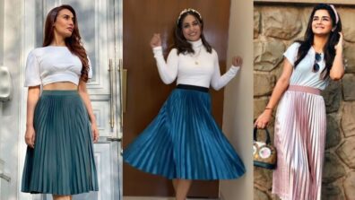 Television Divas Surbhi Jyoti, Hina Khan, and Avneet Kaur, whose pleated skirt with a high-neck white crop top would you pick?