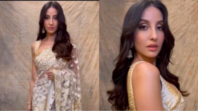 Watch: Nora Fatehi looks scintillating in golden transparent saree, gives shoutout to Rakul Preet Singh for ‘Mashooka’ song