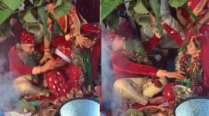 “What On Earth Is Happening?” Ask Netizens As Bride And Groom Break Into Intense Fight On Their Big Day: See Video