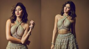 Ananya Panday Looks Resplendent In Heavy Designed Embellished Halter-neck Ivory Golden Lehenga