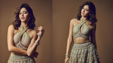 Ananya Panday Looks Resplendent In Heavy Designed Embellished Halter-neck Ivory Golden Lehenga