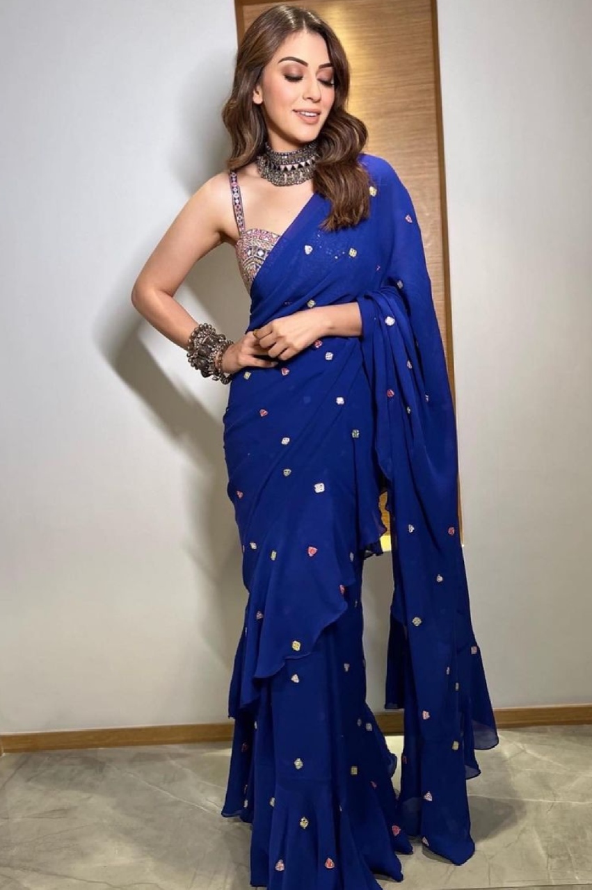 Hansika Motwani Or Madhuri Dixit: Whose Ruffled Blue Saree Is  Attention-Grabbing? | IWMBuzz