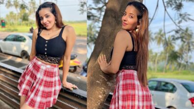 Bhojpuri Actress Monalisa Looks Cute And Sassy In Plaid Skirt With Black Lace Crop Top