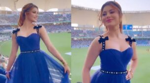 “Bleed Blue” Urvashi Rautela Looks Resplendent In Blue Gown At Stadium