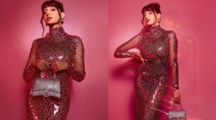 Dance Icon Nora Fatehi Looks Fiery Hot In Pink Mirror Work Bodycon High Neck Gown