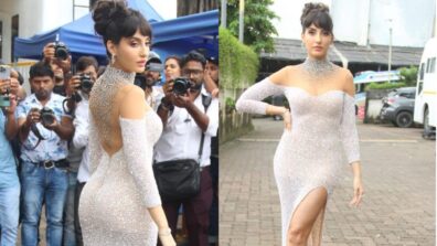 Glamour Queen Nora Fatehi Sizzles The White Sequin Thigh High Slit Gown With Her Hottest Looks