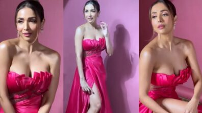 It’s A Pink Day For Malaika Arora Who Impresses Us With Pink Off-Shoulder Thigh-high Slit Gown