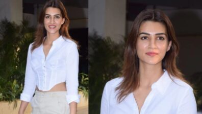 Kriti Sanon Gets Papped At Juhu In White Corset Crop Top With Off-White Flared Pants