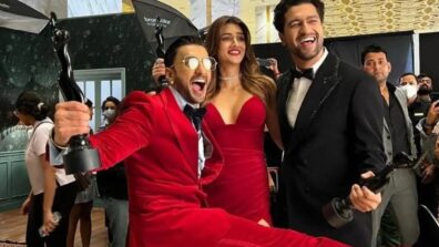 Kriti Sanon Poses With Ranveer Singh And Vicky Kaushal At 67th Filmfare Awards