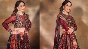 Madhuri Dixit Looks Phenomenal In Her Black And Maroon Floral Print Lehenga Wear