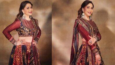 Madhuri Dixit Looks Phenomenal In Her Black And Maroon Floral Print Lehenga Wear