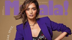 Manushi Chhillar Features On Masala Magazine Cover In Floral Bralette With Black Leather Pant And A Blue Blazer