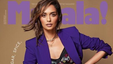 Manushi Chhillar Features On Masala Magazine Cover In Floral Bralette With Black Leather Pant And A Blue Blazer