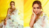 Marathi Mulgi Amruta Khanvilkar Looks Glamorous In White Floral Print Saree Look