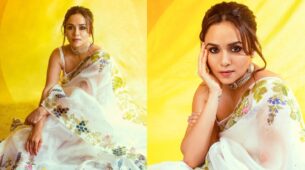 Marathi Mulgi Amruta Khanvilkar Looks Glamorous In White Floral Print Saree Look