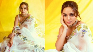 Marathi Mulgi Amruta Khanvilkar Looks Glamorous In White Floral Print Saree Look