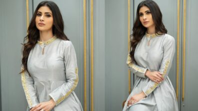 Mouni Roy Gives Us Festive Vibes In Pretty Designed Grey Anarkali With Golden Embroidered Border